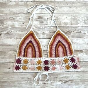 FOREVER 21 Crocheted Bikini Top XS/S Triangle Rainbow Granny Square Pink Orange